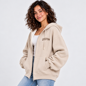 Sweat-shirt à capuche zippé beige personnalisé pour femme, coupe oversize, en molleton épais, style décontracté - Product Image 2