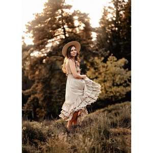 Robe longue bohème à volants pour femme, manches longues, col en V, taille naturelle, fluide, pour les vacances d'été, lavable, 100 % coton - Product Image 3