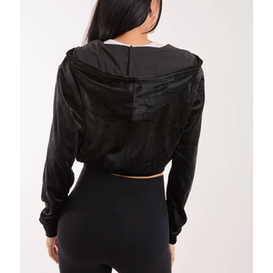 Sudadera con capucha de terciopelo suave y afelpado para mujer, corte crop, para otoño/invierno, suministro ODM, bordado, estilo urbano, de secado rápido, gruesa, color liso. - Product Image 3