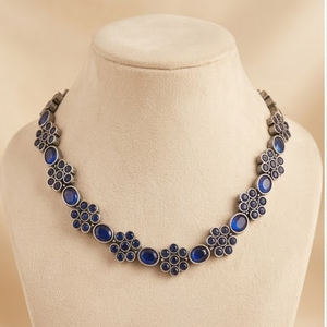 DIVYORO ELEGANT OXIDIZED <b>SILVER</b> NECKLACE DEEP BLUE CIRCULAR STONES Women's Floral Link Adjustable Length for Party Occasions - Product Image 1