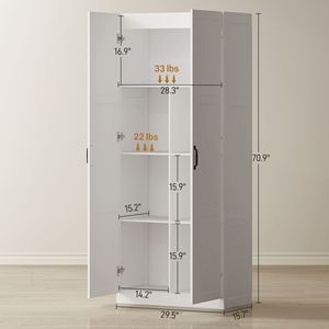 Farmhouse Style 71\" Tall <b>Kitchen</b> <b>Pantry</b> Storage Cabinet White with Adjustable Shelves Soft Close Hinges Made of Aluminum Wood - Product Image 3