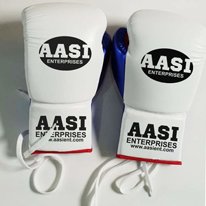 Gants de boxe pour hommes en cuir de vachette bleu brillant texturé avec lacets bicolores, couleurs personnalisables, gants de sport quatre saisons - Product Image 3