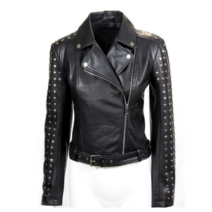 Women Studded Leather <b>Jacket</b> Black Biker Motorcycle <b>Punk</b> Style Genuine Leather OEM Custom Wholesale Supplier Women Stud Leather - Product Image 1