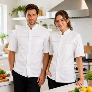 Veste de chef en fibre de bambou, anti-liquide, rafraîchissante, coupe classique, manches courtes, col mandarin, qualité supérieure, pour hôtel. - Product Image 1