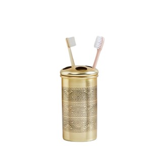 Portacepillos de Dientes Moderno de Dos Piezas, de Latón Dorado de Lujo, Ecológico, con Patrón Grabado, Organizador para Baño y Hotel - Product Image 1