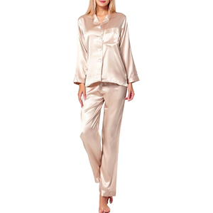 Ensemble de pyjama en satin pour femmes, manches longues, fermeture boutonnée, élégant, 100% soie, couleur unie, vêtements d'automne - Product Image 2