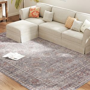 Tappeto a Pelo Medio Lavabile in Lavatrice 8x10 con Stampa Floreale Tradizionale Antiscivolo per Soggiorno e Camera da Letto Grigio Marrone - Product Image 2