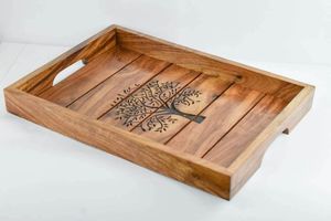 Best Seller Wooden Round Tray Handmade Solid Wood Serving Tray Kitchen Dining Platter Rustic Home Decor Tray With Side Handles - Product Image 2