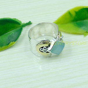 Anillo de Calcedonia Azul, Plata de Ley 925 Sólida con Anillo de Latón, Anillo Decorativo Hecho a Mano con Acabado Martillado para Regalo de Joyería de Calcedonia - Product Image 5