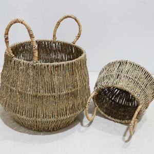 Handwoven Natural Seagrass Round Storage <b>Basket</b> Set Nesting Belly Bins Tall Loop Handles - Product Image 5
