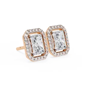 Boucles d'oreilles clous en or massif 18 carats avec diamant de laboratoire taille Radiant et micro-pavé halo, bijoux fins pour femme, accent scintillant - Product Image 4