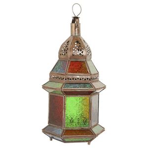Lanterne en fer avec panneaux en verre bleu gaufré, design géométrique, décoration d'intérieur, porte-bougie - Product Image 6