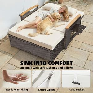 Lettino da Esterno Regolabile in Rattan con Schienale a 4 Livelli, Braccioli in Legno di Acacia, Divano Letto Beige da Patio con Pouf Contenitore - Product Image 5