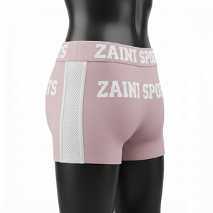 Shorts de mujer tipo booty, premium, de poliéster y spandex, suaves y elásticos, color rosa, con paneles laterales de malla, logotipo personalizado. - Product Image 3