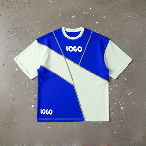 T-shirt pour homme personnalisé avec logo OEM, coton extensible, poids lourd 180 grammes, col oversize, manches courtes, couleur de panneau personnalisée, bleu - Product Image 1