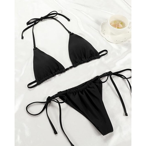 Ensemble de bikini taille haute, effet ventre plat, push-up, froncé, col halter, coussinets amovibles, bas à nouer sur le côté, coupe brésilienne, grande taille - Product Image 2