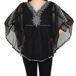 Caftan long et court en Georgette anti-rides pour femmes et filles, haut à paillettes perlées, chemisier grande taille, printemps et hiver - Product Image 2