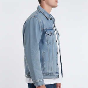 Hot Selling Relaxed Fit Zip Up Closure turn Down Collar Blue Washed Denim <b>Jacket</b> For <b>Men</b> Distressed Ripped Hip Hop Style <b>Jacket</b> - Product Image 5