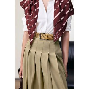 Jupe midi plissée longue kaki taille haute CV779 en coton tissé uni décontractée toutes saisons - Product Image 2
