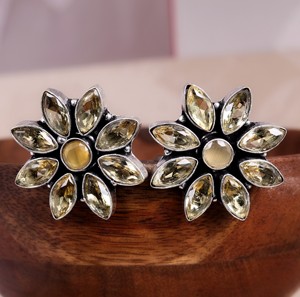 <b>Crystal</b> Rhinestone Bezel Setting <b>Stud</b> <b>Earrings</b> Brass Antique Silver Plated Flower Bohemian Style Women's Wholesale Bulk Supplier - Product Image 5