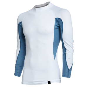 Camiseta Unisex de Manga Larga con Protección UV, Blanca con Bloques de Color Azul en las Mangas, Transpirable, de Secado Rápido, 300g, Spandex y Poliéster - Product Image 1