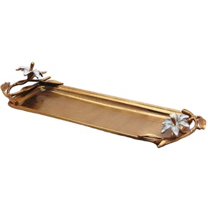 Best Selling Tableware Accessories Food <b>Snacks</b> Serving <b>Tray</b> Metal <b>Tray</b> With Lily Designer Handles Sweet Dessert Serving Platter - Product Image 1