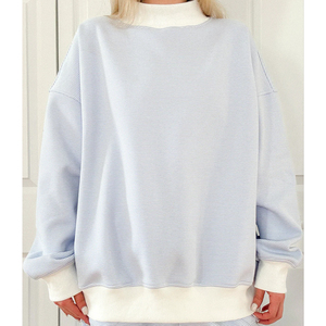 Sudadera de Mujer, Azul Claro, Cuello Redondo, Holgada, Manga Larga, Tejida en Algodón, Color Sólido, con Bolsillos, para Otoño - Product Image 4