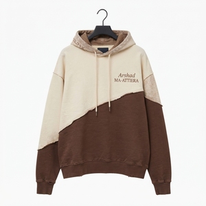 Sweat-shirt à capuche personnalisé bicolore pour homme, style streetwear, coupe oversize, couleur crème et marron, effet vieilli vintage, en molleton, décontracté, urbain, vente en gros - Product Image 3