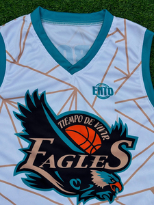 Conjunto de Uniforme de Baloncesto Rexfit Deportivo, Blanco y Verde Azulado, Estampado por Transferencia de Calor, Personalizado, Cuello en V, Sin Mangas, Unisex para Adultos - Product Image 2