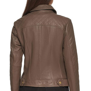 Blouson moto matelassé en cuir véritable pour femme, manches longues, col rabattable, fermeture éclair, vêtement d'extérieur automne et saisonnier - Product Image 2