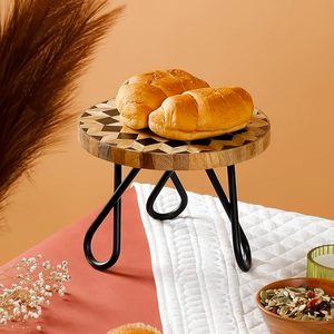 Support à gâteau en bois fait main, présentoir à dessert rond avec pieds en métal pour fête d'anniversaire, décoration de mariage - Product Image 2