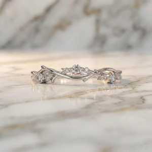 Nature Inspired Leaf Round Cut Moissanite Minimalist <b>Ring</b> Original 925 Silver Fine Anniversary Birthdays Wish Jewelry For Her - Product Image 3