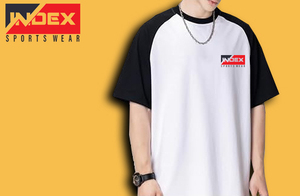 INDEX Men's Raglan Sleeve T-Shirt Cotton Jersey O-Neck Casual Solid Color Block Design Front <b>Logo</b> Regular Fit - Product Image 4
