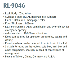 Cerradura de Combinación con Código Digital, Acceso con Llave Maestra de Sobremesa, Cerradura Resistente para Armarios y Casilleros REAL RL-9046 - Product Image 6