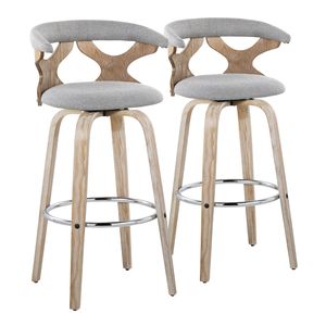 Gardenia 30\" Contemporary Fixed Height <b>Barstool</b> with <b>Swivel</b> White Washed Wood Grey Fabric with Chrome Metal Footrest - Product Image 1
