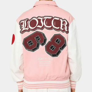 Veste universitaire rose et blanche avec patch en chenille, lettrage brodé 89, style épaules tombantes, col rabattu, toile de coton, unisexe - Product Image 4