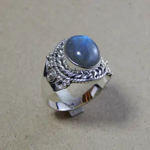 设计师拉布拉多宝石925纯银戒指椭圆形凸圆形女性戒指