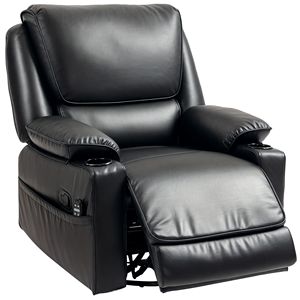 Poltrona Reclinabile Girevole Oversize con Massaggio, Poggiapiedi Elettrico, Telecomando e Tasche Laterali in Vera Pelle Nera - Product Image 1