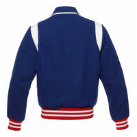 Veste de sport bleue pour homme avec épaules blanches et poignets rayés rouges, style preppy, coupe classique, col rabattu