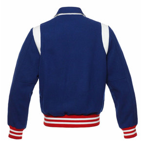 Veste de sport bleue pour homme avec épaules blanches et poignets rayés rouges, style preppy, coupe classique, col rabattu - Product Image 3
