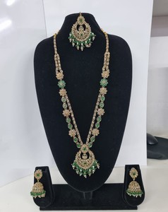 Delicate Floral Alloy Kundan Rani Haar <b>Set</b> Long Necklace <b>Beads</b> Traditional Jhumkas 3 Piece Ethnic Wedding Party Gift Collection - Product Image 5