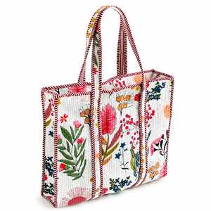 Sac fourre-tout matelassé en coton à motif floral pour femme - Sac à bandoulière tendance pour le shopping avec fermeture éclair, grande capacité, design à empiècements pour toutes les saisons - Product Image 3