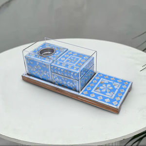 En gros, Ensemble Mabkhara avec incrustation de nacre bleue, couvercle en acrylique et plateau en bois de manguier, Brûleur de Bakhoor saoudien pour Majlis Oud Cen - Product Image 1