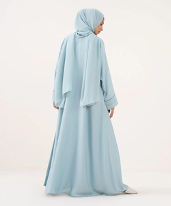 Light Blue <b>Long</b> Sleeve Floor Length Abaya <b>For</b> Women Modest Muslim Clothing Solid Color Polyester Loose Fit Middle East Style - Product Image 2
