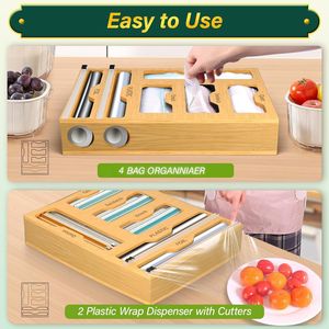 Organizzatore per cassetti da cucina 6 in 1 in bambù con dispenser per pellicola trasparente e sacchetti per alimenti, contenitore per la conservazione - Product Image 6