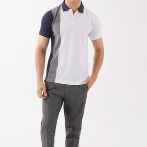 Polo pour homme à blocs de couleur, manches courtes, en coton tricoté respirant, design uni, blanc, marine, gris - Product Image 3