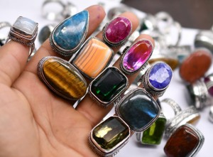 Natural Stone Antique <b>Silver</b> Plated Christian Brass Gemstone <b>Rings</b> Trendy Punk Heart <b>Set</b> with Vintage Funny Gift for Women - Product Image 4