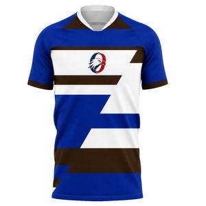 เสื้อฟุตบอลสีน้ำเงินรอยัลและสีขาว พร้อมดีเทลสีดำ ผลิตจากวัสดุแห้งเร็ว เหมาะสำหรับการฝึกซ้อมและการแข่งขัน - Product Image 1