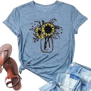 T-shirt Easy Match imprimé tournesol, tricoté aérien, décontracté, vêtement d'été moderne pour femme, élégant, ajusté, rétro, à manches courtes - Product Image 2