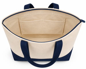 AMANI Canvas <b>Tote</b> <b>Bag</b> Cream Navy <b>Zipper</b> Closure Minimalist Design Travel Shopping <b>Bag</b> - Product Image 5